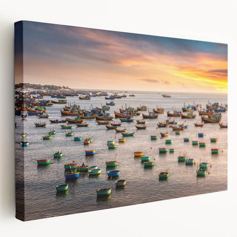 Side view of a stretched canvas featuring a serene Vietnamese landscape in muted green and blue tones.
