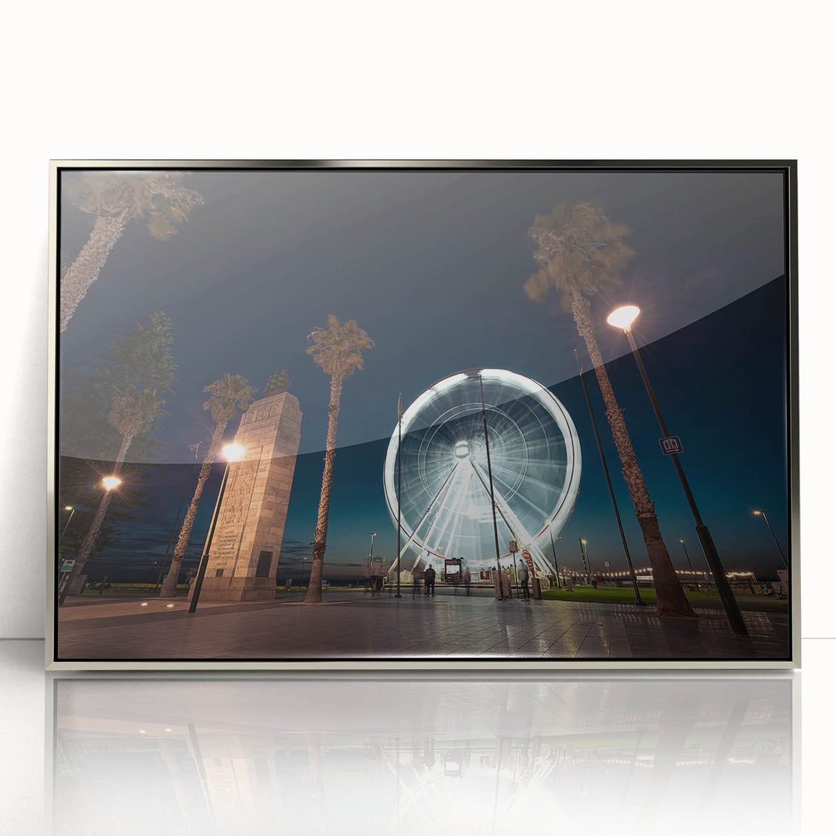 Framed acrylic print of Adelaide skyline in art deco style, featuring muted silver and blue tones.