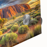 Large abstract depiction of Ayers Rock in muted earth tones on acrylic glass, ideal for dining room art.