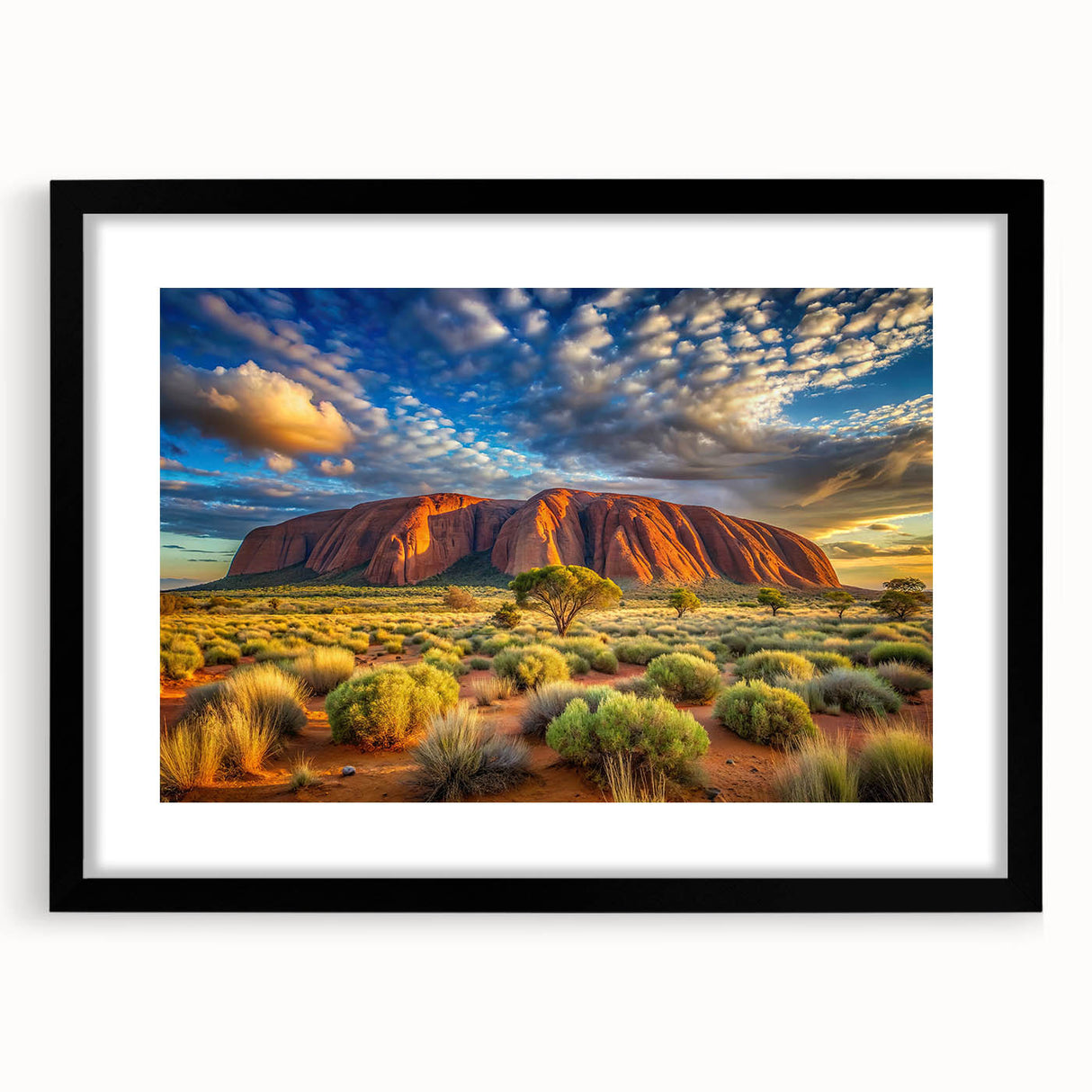 Extra large abstract art print of Ayers Rock with vibrant, textured colors on a framed black mat.