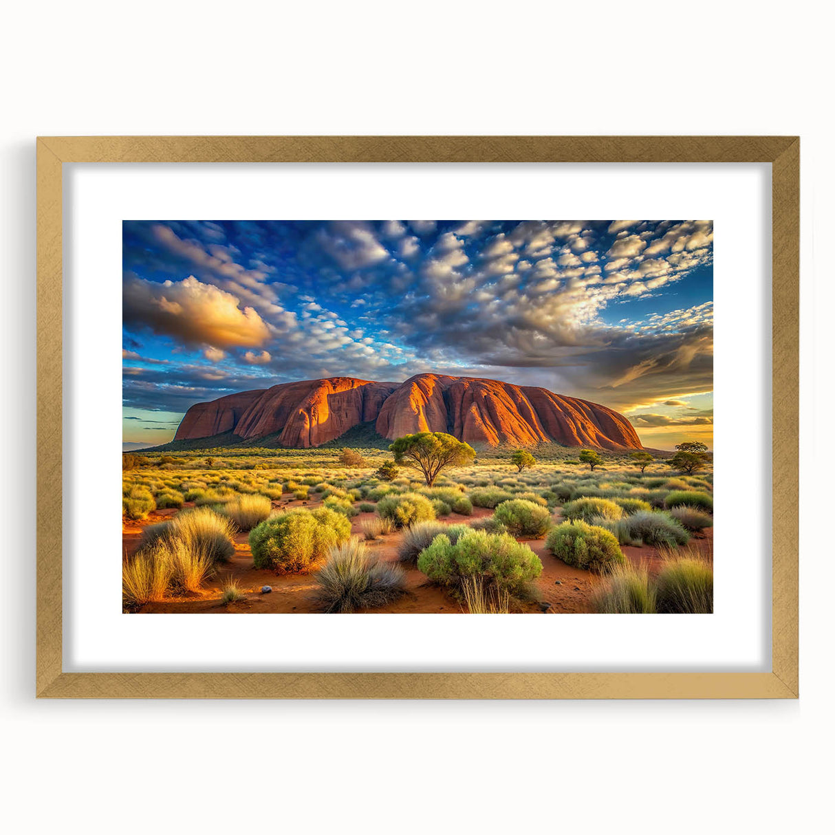 Textured art depicting Ayers Rock in abstract style with earthy tones, framed in gold, suitable for bedroom decor.