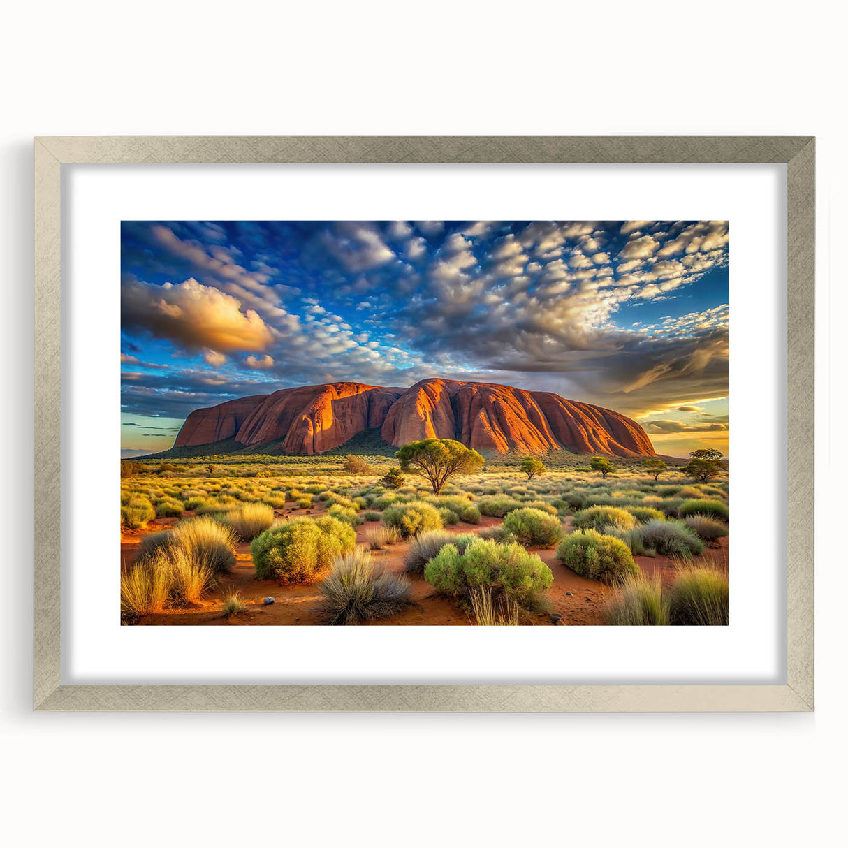 Abstract art print of Ayers Rock in muted orange and brown tones on a framed silver canvas, suitable for dining room decor.