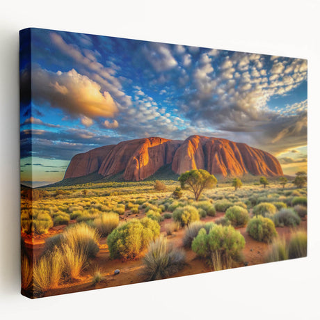 Large art print of Ayers Rock in Australia on stretched canvas with earthy red and orange tones.