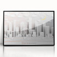 Large abstract wall art depicting the Brisbane skyline in muted gray and blue tones on a framed acrylic.