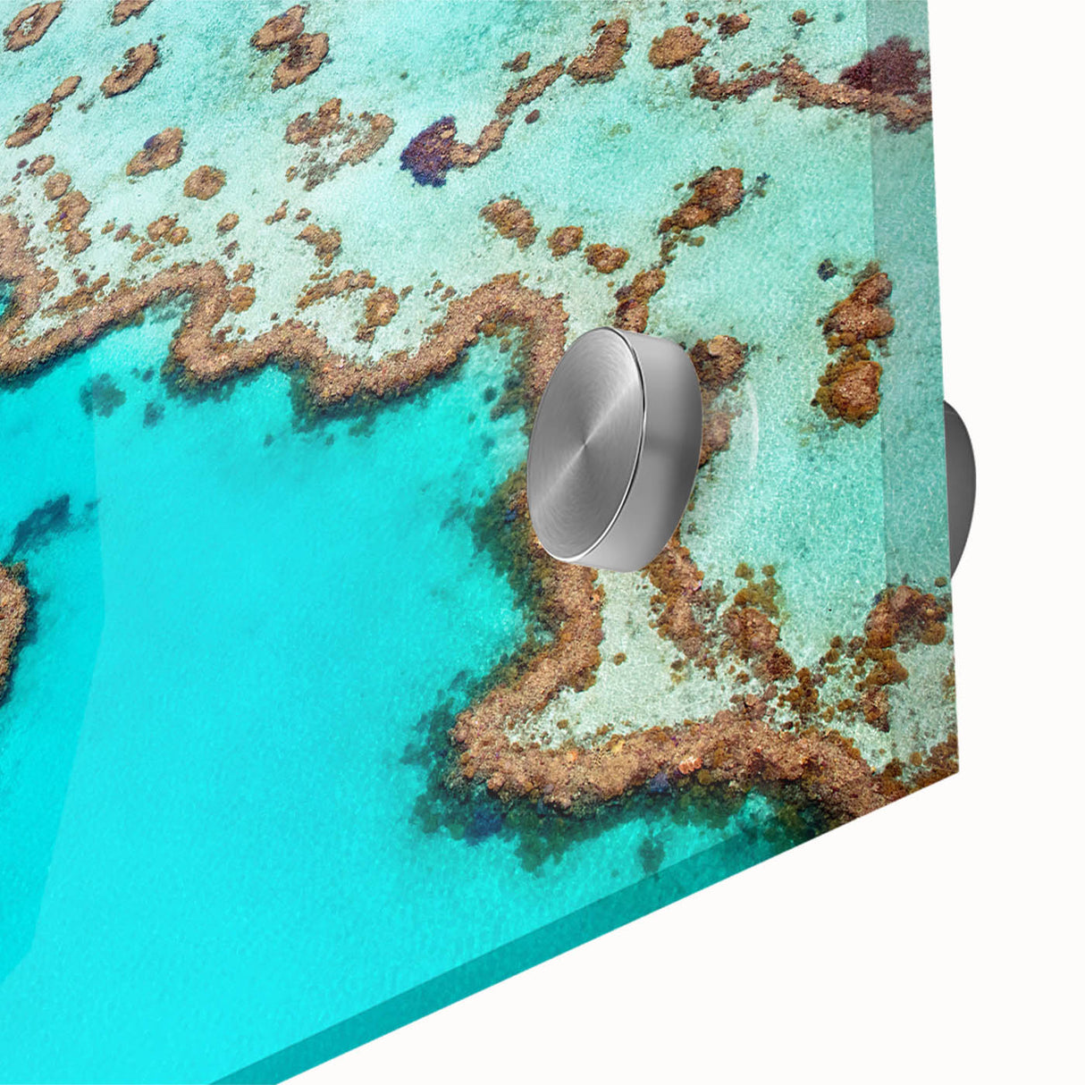 Large abstract depiction of the Great Barrier Reef in vibrant blue and green tones on acrylic glass.