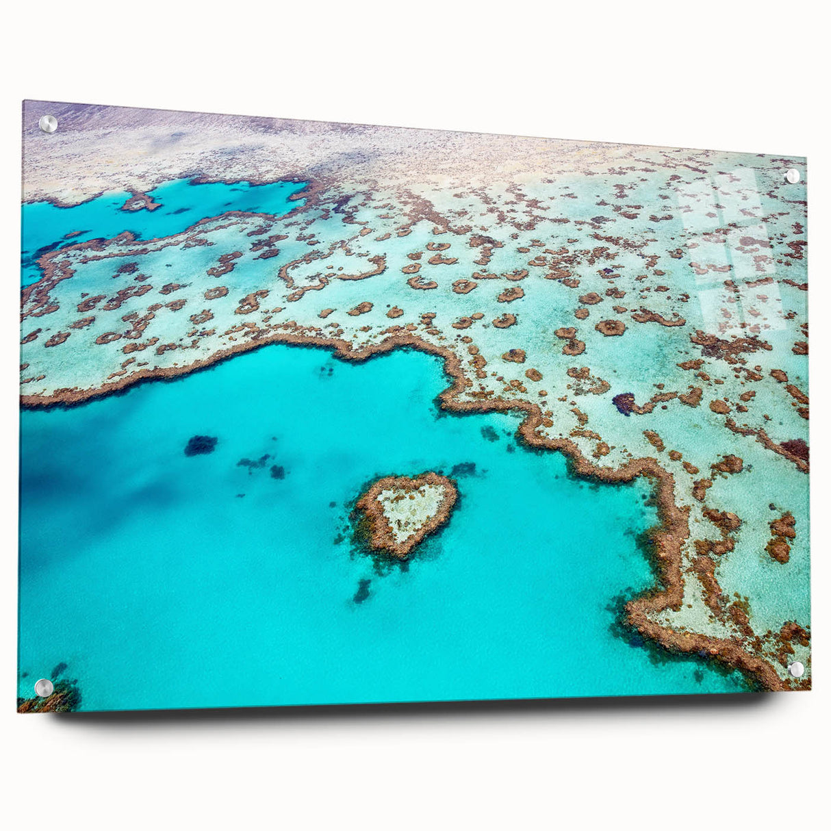 Acrylic print of the Great Barrier Reef with vibrant blue and turquoise tones, ideal for dining room decor.