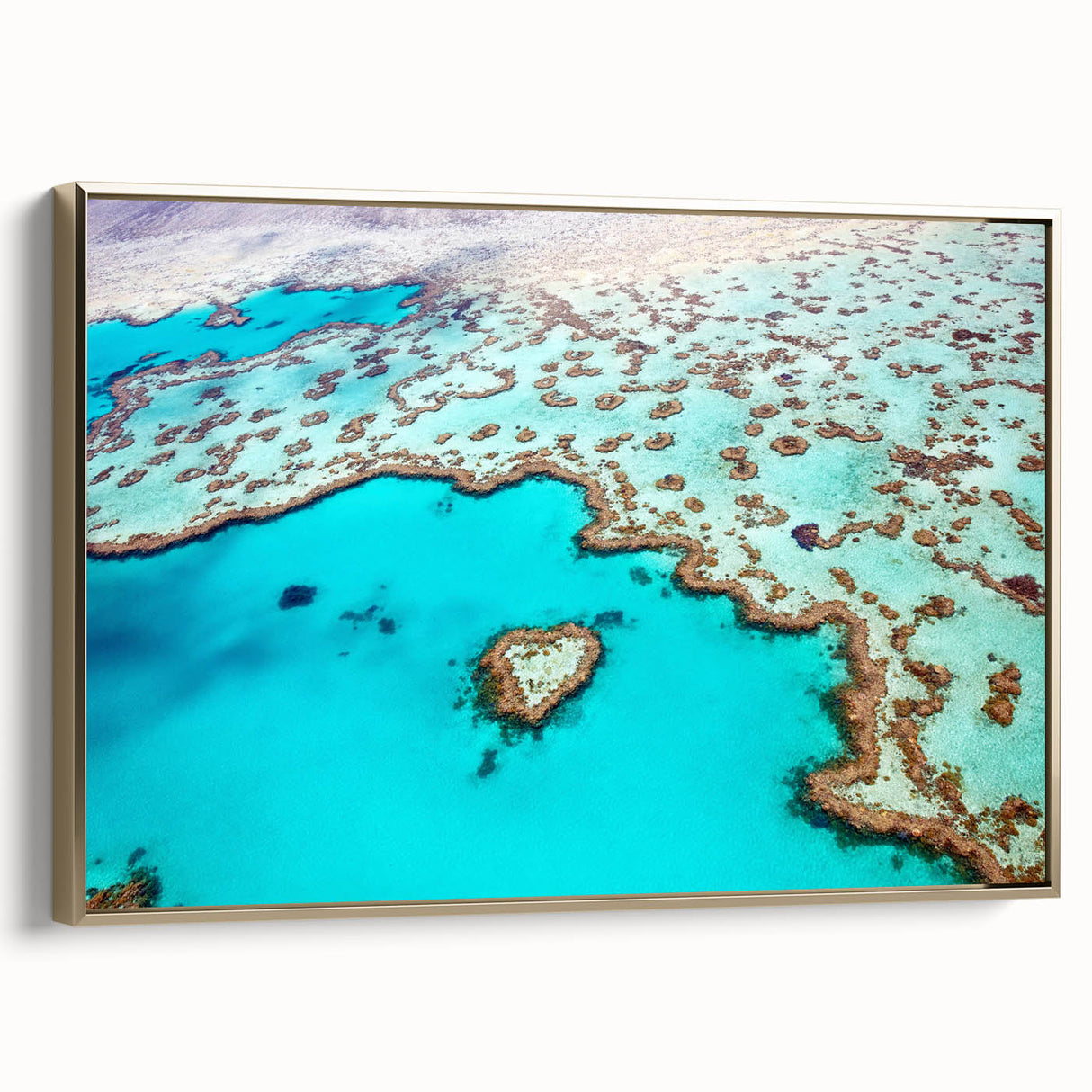 Framed canvas landscape art painting of the Great Barrier Reef, featuring vibrant blue and green tones.