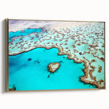 Framed canvas landscape art painting of the Great Barrier Reef, featuring vibrant blue and green tones.