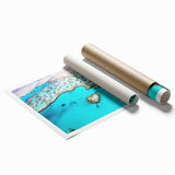 Extra large rolled print of the Great Barrier Reef in vibrant blues and greens, ideal for classy bathroom wall art.