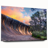 Large abstract wall art of Perth scenery in muted blue and green tones on acrylic glass.