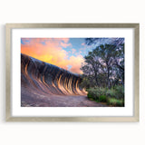 Abstract art print of Perth scenery in muted earth tones on a framed canvas, suitable for dining room decor.