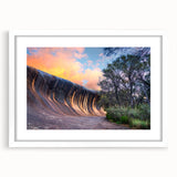 Extra large abstract art print featuring textured scenery of Perth, Australia in muted earth tones, framed with a white mat.