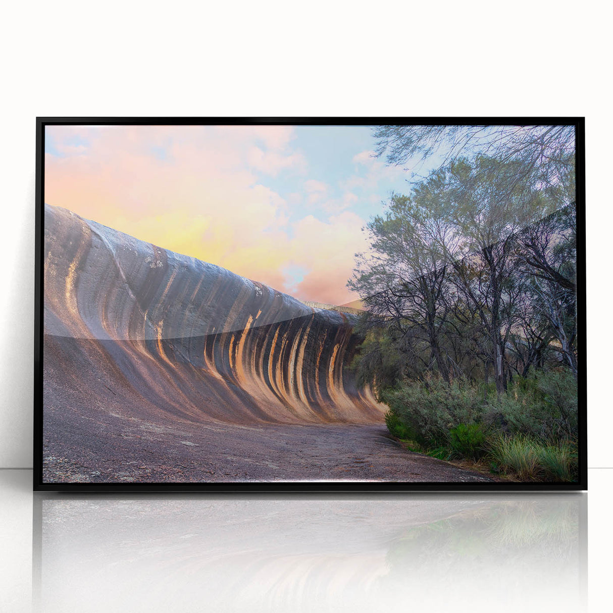 Large abstract wall art featuring a stylized Perth skyline in muted gray and black tones, framed in black acrylic.