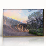 Mid-century modernist art of Perth skyline in muted gold tones on framed acrylic, suitable for nursery wall art.