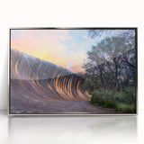 Art Deco style poster of Perth, Australia skyline in silver acrylic frame, suitable for modern art wall decor.