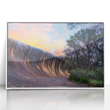 Framed acrylic print of Perth skyline in muted gray and blue tones, suitable for modern art wall decor.