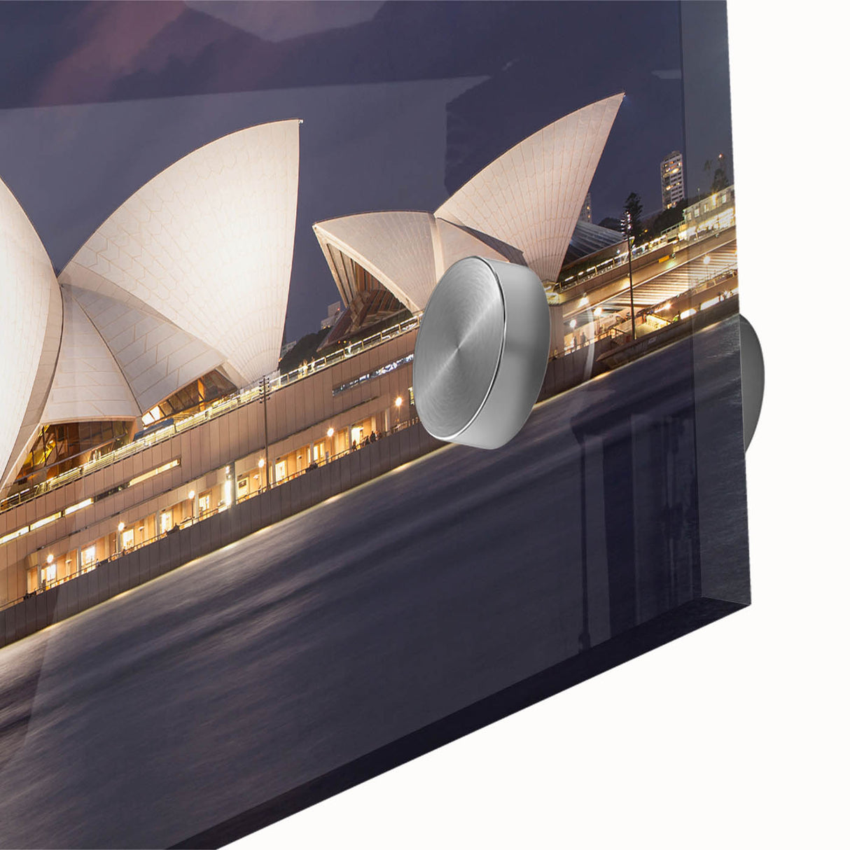 Large abstract wall art of Sydney skyline in muted blue tones on acrylic glass, suitable for dining room ambiance.