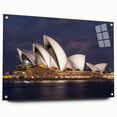 Acrylic print of Sydney skyline in muted sunset colors, suitable for bedroom or dining room decor.