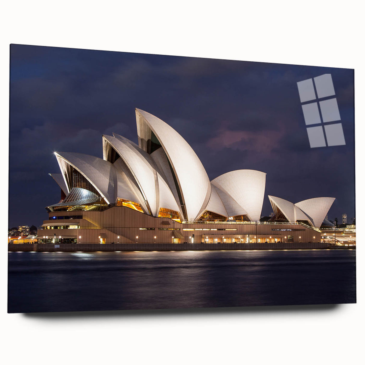 Large abstract wall art of Sydney skyline in muted blue and gray tones on acrylic glass.