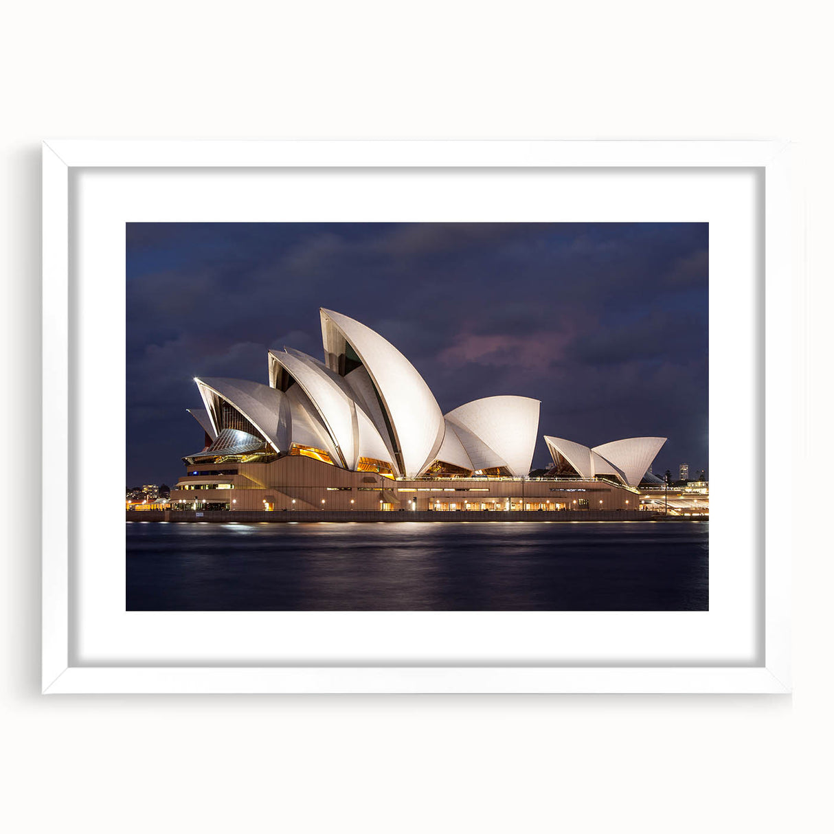 Textured abstract art print of Sydney skyline in muted blue and gray tones on a framed white canvas, ideal for bedroom art.