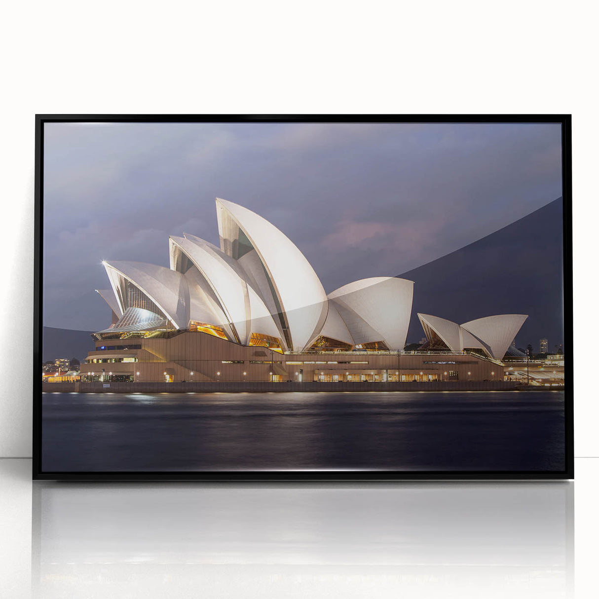 Large abstract wall art depicting Sydney's skyline in muted gray and blue tones on a framed acrylic.