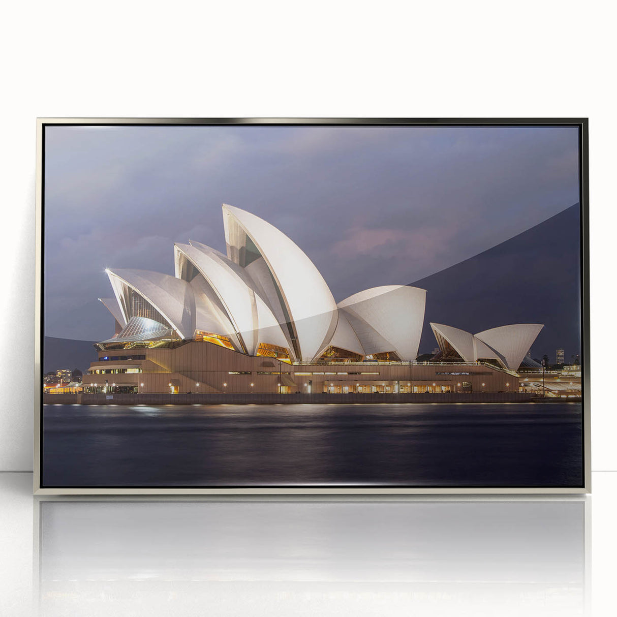 Framed acrylic print of the Sydney skyline in muted silver and blue tones, suitable for modern art wall decor.