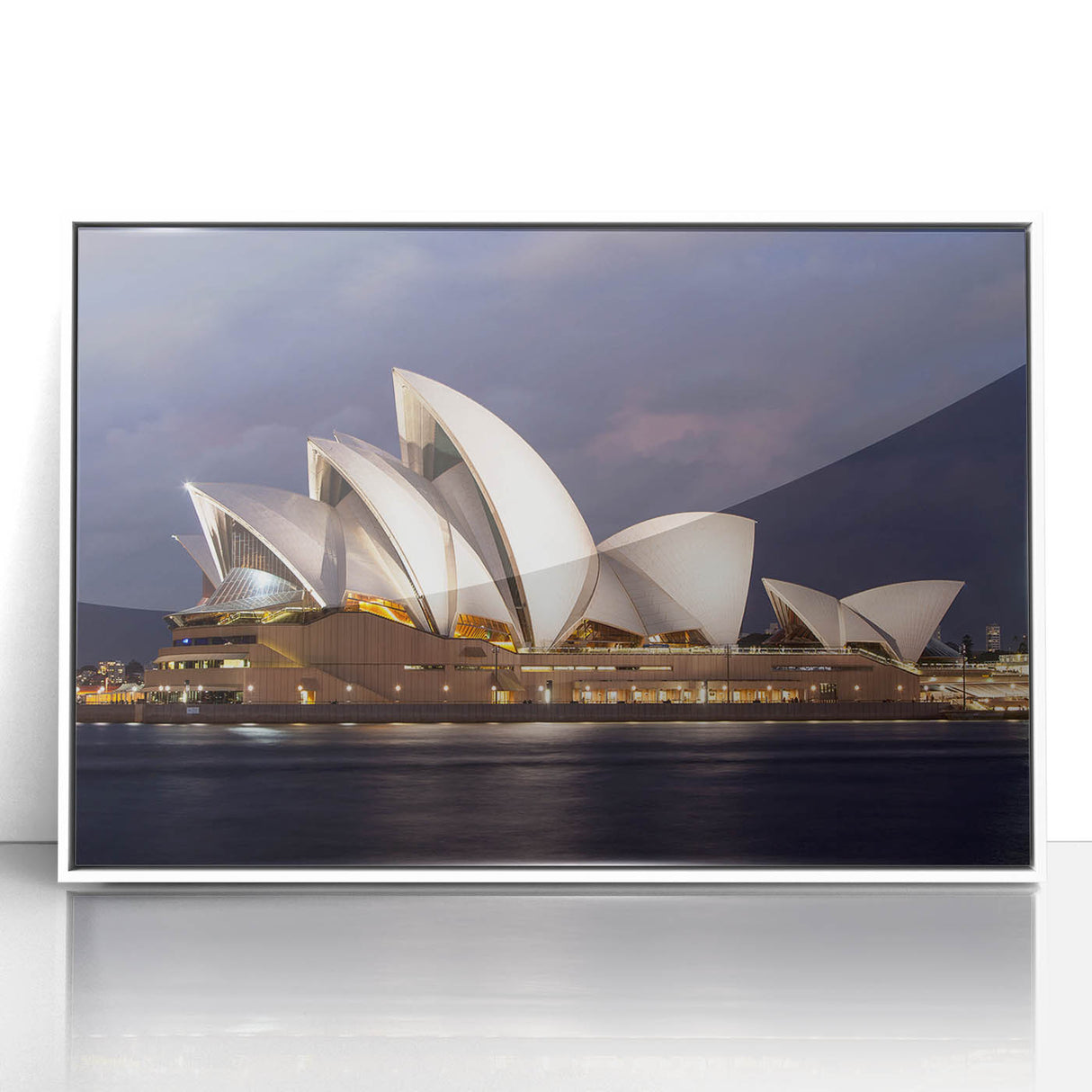 Mid-century modernist art depicting the Sydney skyline in pastel shades on a framed acrylic print.