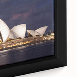 Extra large framed canvas of a textured Sydney skyline in black with colorful accents, ideal for living room decor.