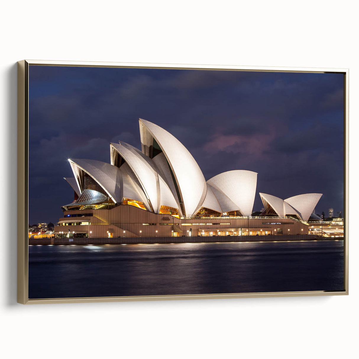 Framed canvas featuring a vintage-style Sydney landscape in black and gold tones, ideal for bedroom wall art.