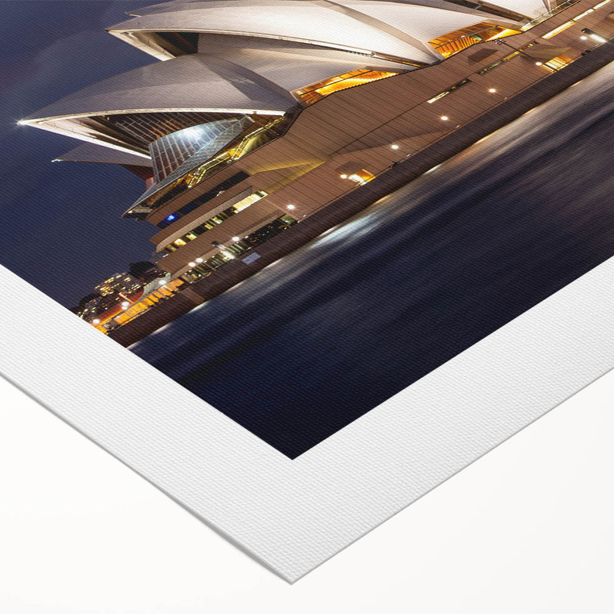 Art deco poster of Sydney skyline in muted blue and gray tones on rolled canvas, suitable for dining room wall art.