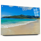 Acrylic print of a large abstract landscape in blue and green tones, ideal for bedroom or dining room decor.