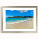 Extra large wall art featuring an abstract depiction of Tasmania's scenery in textured silver tones on a framed mat.