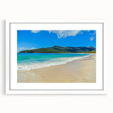 Textured abstract art print depicting a serene Tasmanian landscape, in muted earth tones on a framed white mat.
