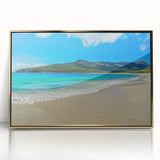 Art deco poster of Tasmania scenery in gold acrylic frame, with soft blue and green palette.