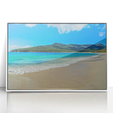 Mid-century modernist art depicting Tasmania scenery in muted earth tones on a white-framed acrylic print.