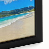 Close-up of a textured black wall art depicting a Tasmanian landscape on a framed canvas, ideal for living room decor.