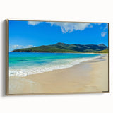 Vintage poster art of Tasmania scenery in colorful hues on a large black framed canvas, suited for living room decor.