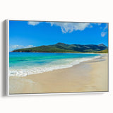 Framed canvas depicting a vintage-style Tasmanian landscape with vibrant green and blue tones, ideal for living room decor.