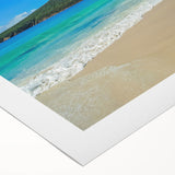 Art deco poster of Tasmania scenery in muted green and blue tones on rolled canvas, suitable for dining room wall art.