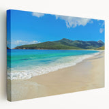 Landscape painting of Tasmania on stretched canvas, featuring muted green and blue tones, ideal for kitchen wall art.