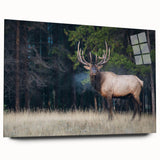 Large abstract wall art depicting a serene Alberta scenery in muted blues and greens on acrylic glass.