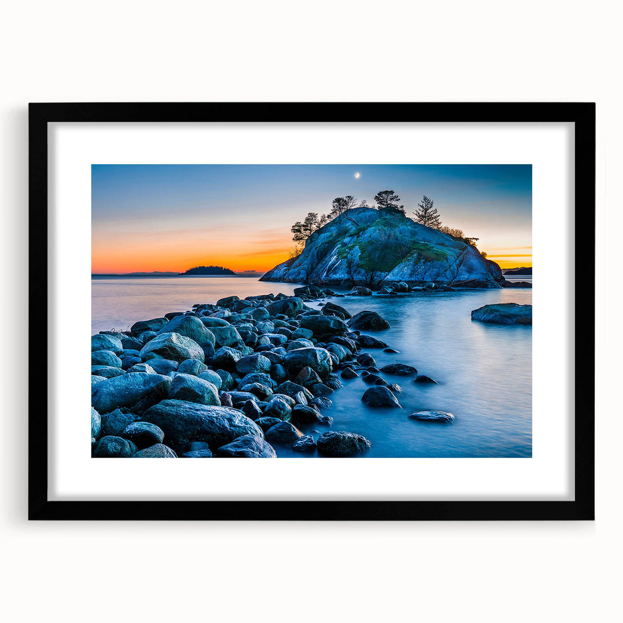 Extra large abstract art print of colorful, textured British Columbia scenery on a black framed canvas.