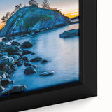 Extra large framed canvas featuring a textured, colorful depiction of British Columbia scenery, ideal for living room decor.