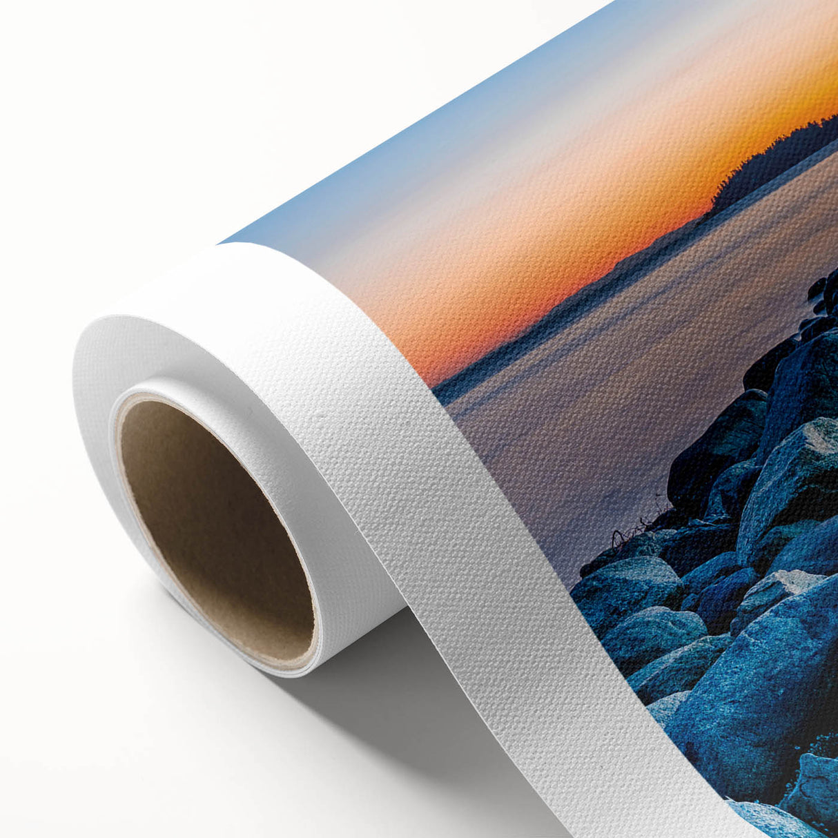 Art deco poster of British Columbia scenery on rolled canvas, featuring muted green and blue tones.