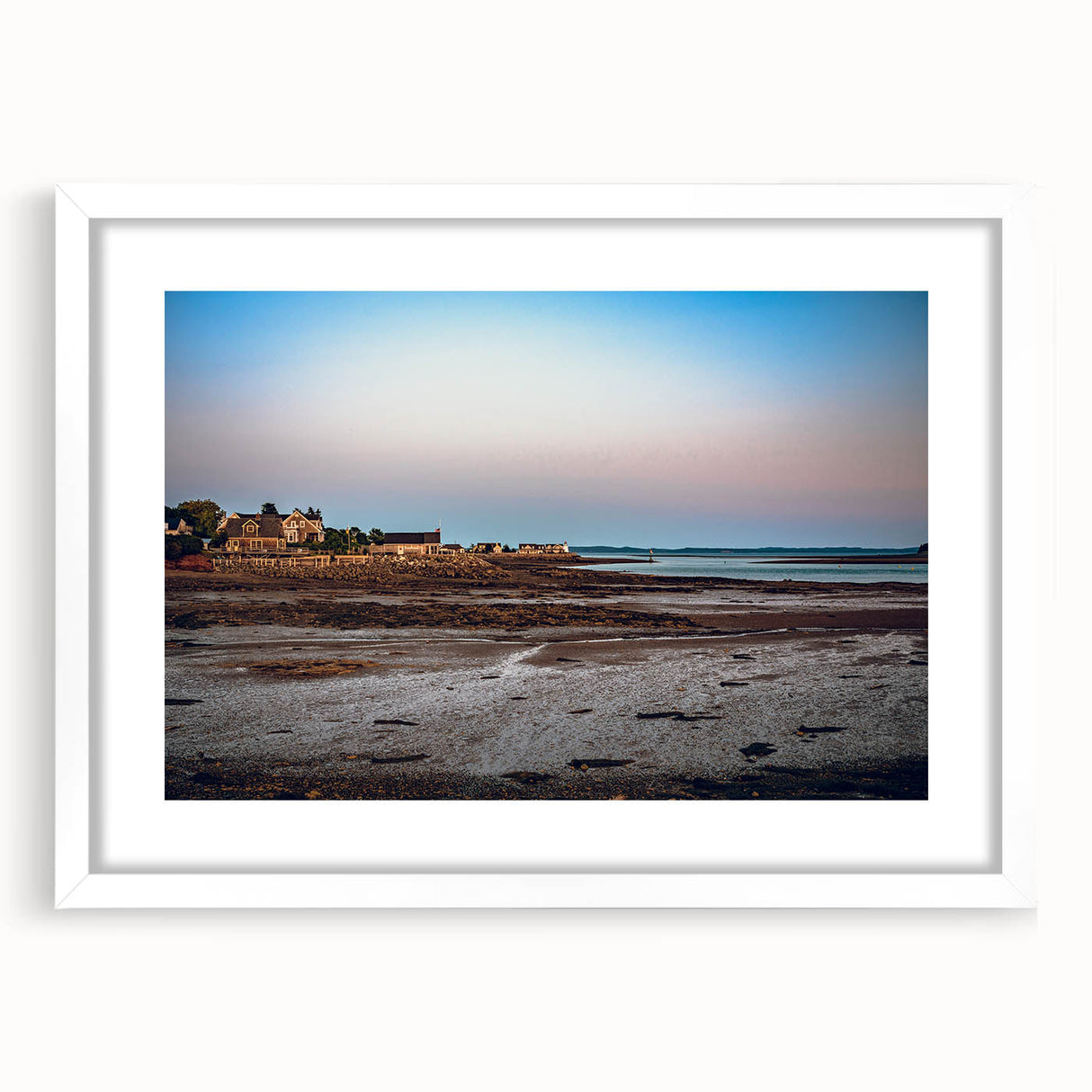 Abstract art print of New Brunswick scenery in muted earth tones, framed with a white mat, ideal for dining room decor.