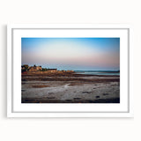 Abstract art print of New Brunswick scenery in muted earth tones, framed with a white mat, ideal for dining room decor.