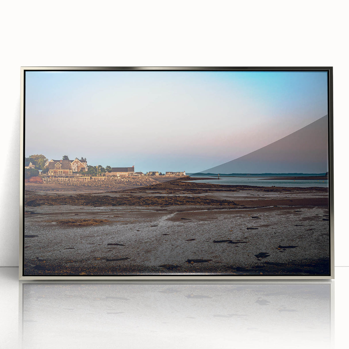 Mid-century modernist art depicting a serene New Brunswick landscape in silver-framed acrylic, suitable for nursery wall art.