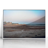 Art deco poster of New Brunswick scenery in muted green and blue tones on white framed acrylic.