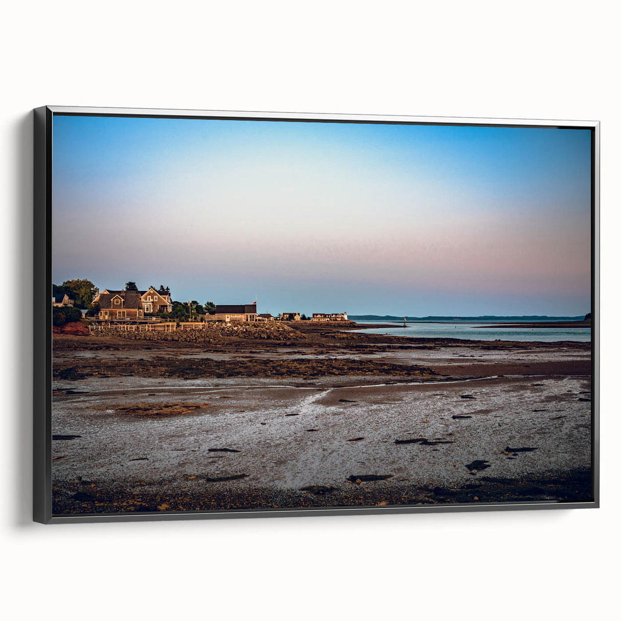 Black and white framed canvas featuring a vintage-style landscape of New Brunswick, ideal for bedroom wall decor.