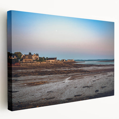 Large stretched canvas featuring a serene New Brunswick landscape in muted green and blue tones, ideal for kitchen wall art.